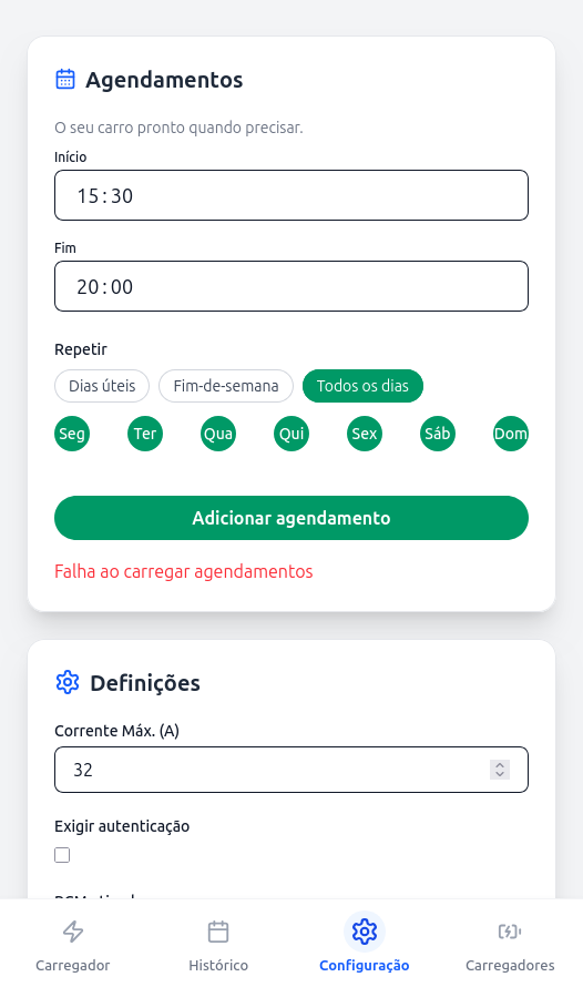 Ecrã de configurações